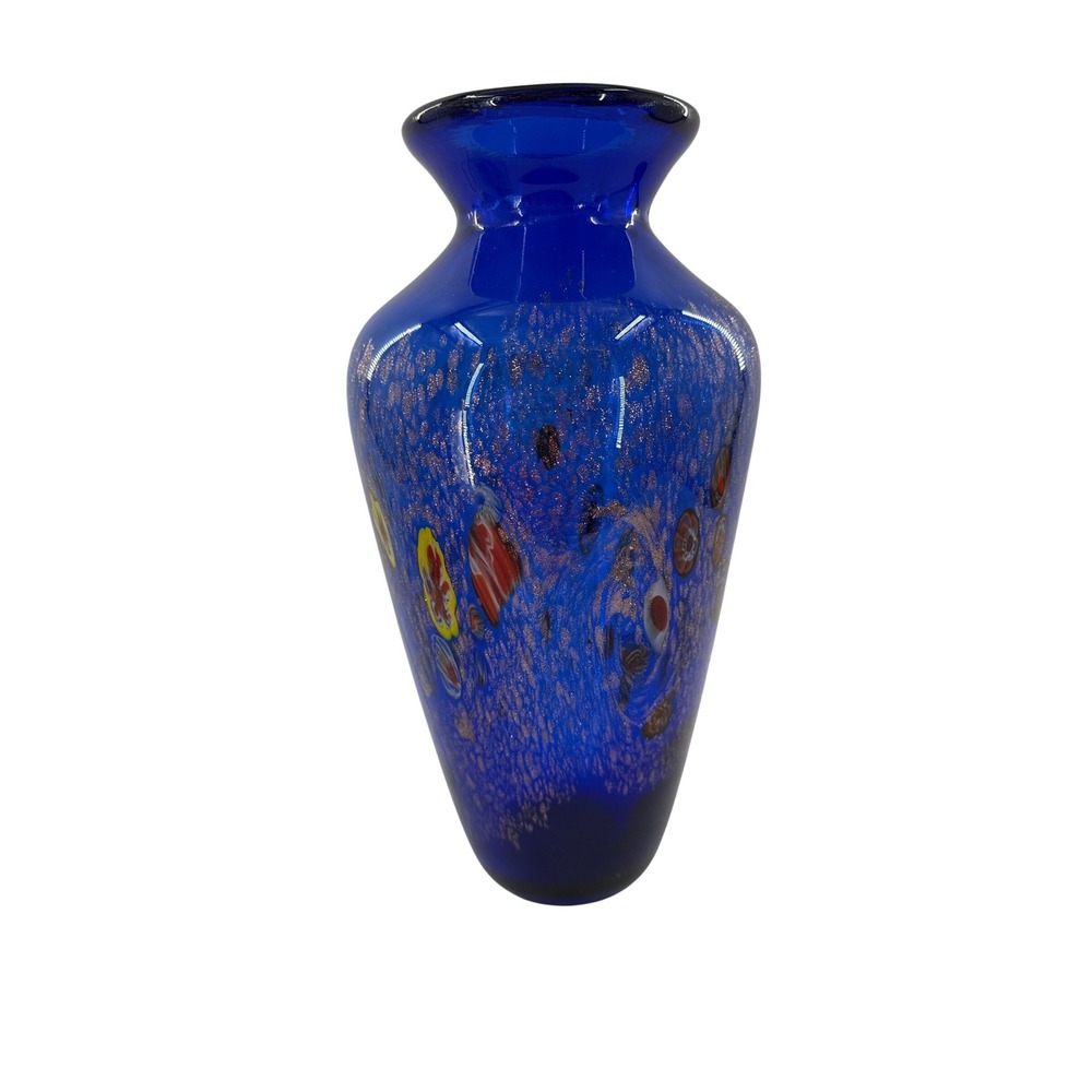 Blown Glass Art Glass Vase Cobalt Blue Millefiori Copper Aventurine 10 Inch